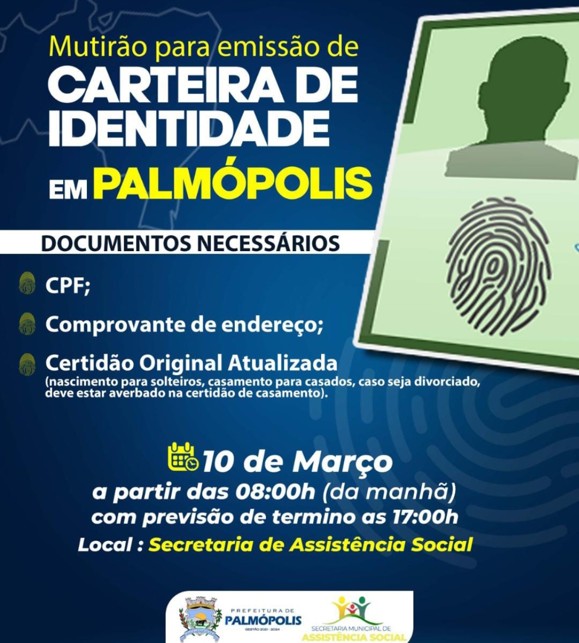 Imagem Notica: MUTIRÃO PARA EMISSÃO DE CARTEIRA DE IDENTIDADE EM PALMÓPOLIS
