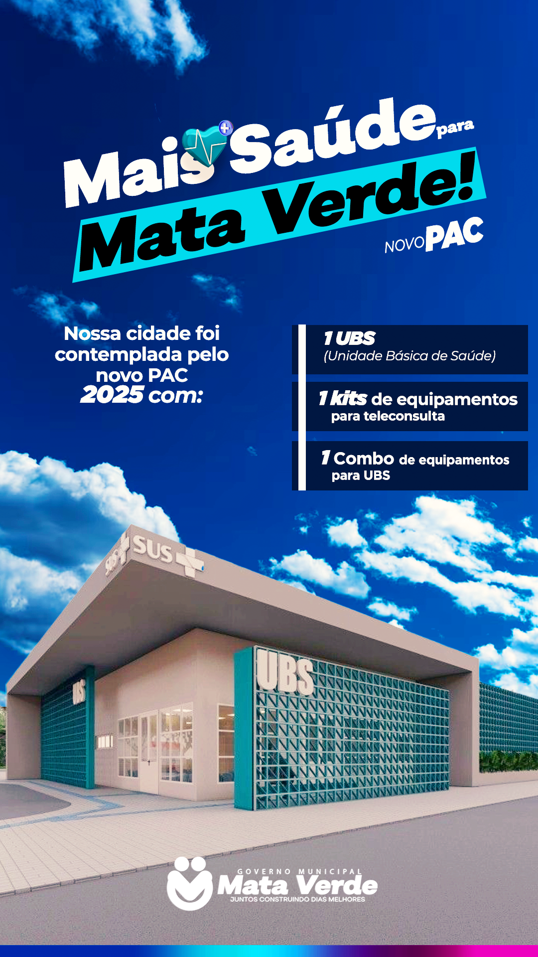 Imagem Notica: Mata Verde é contemplada pelo Novo PAC com nova UBS, kits de teleconsulta e equipamentos modernos para a saúde