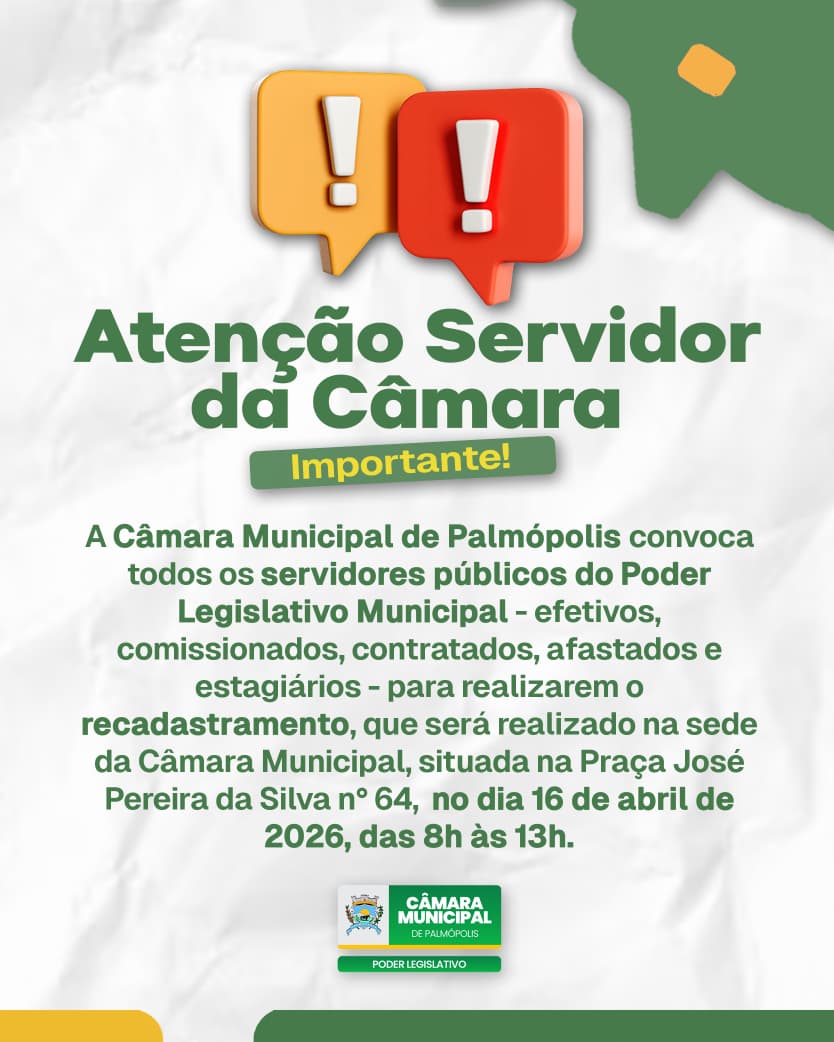 Imagem da notícia: Câmara Municipal de Palmópolis convoca servidores para recadastramento funcional