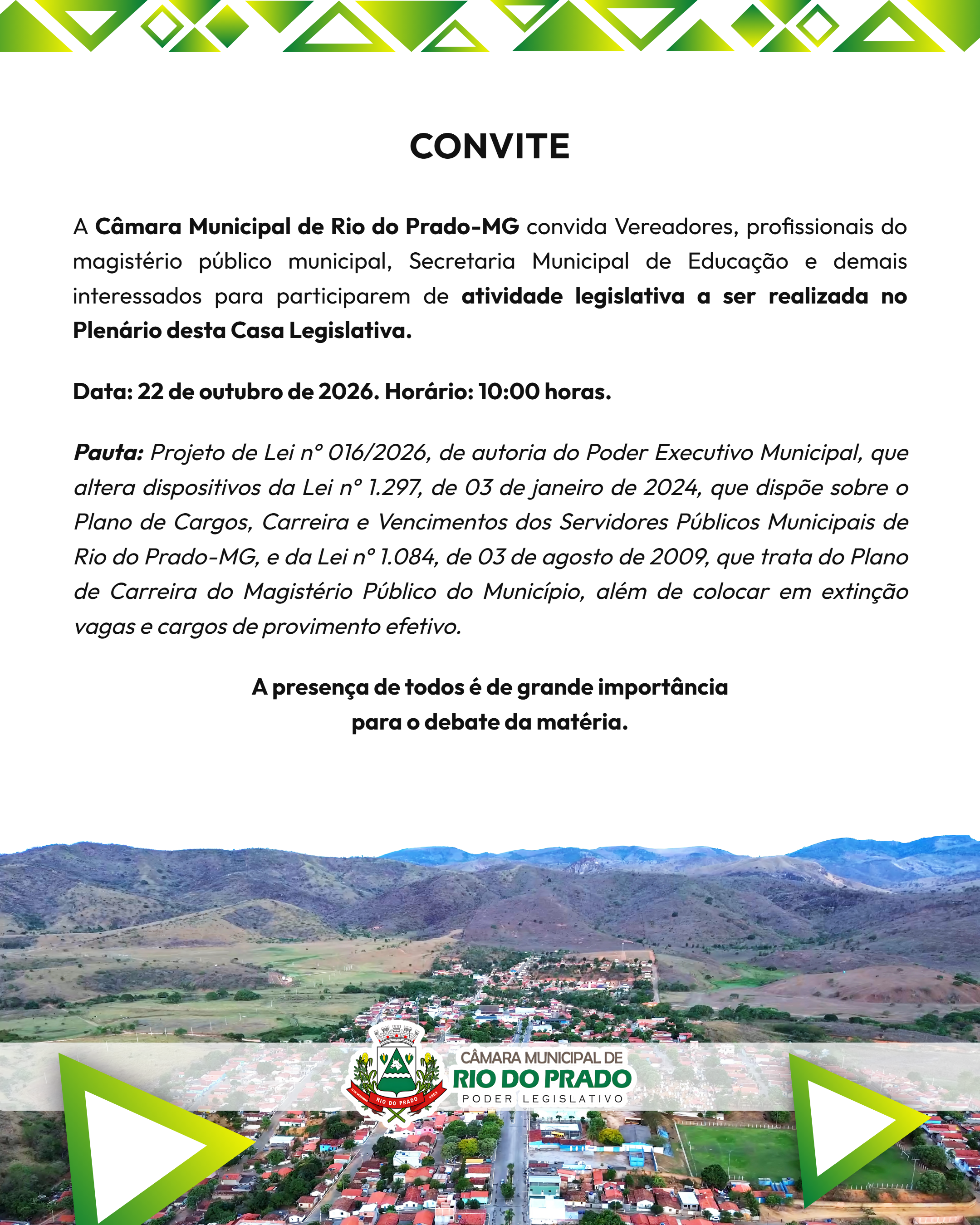 Câmara de Rio do Prado realiza atividade legislativa em 22 de outubro para debater alterações no Plano de Cargos e no Plano de Carreira do Magistério