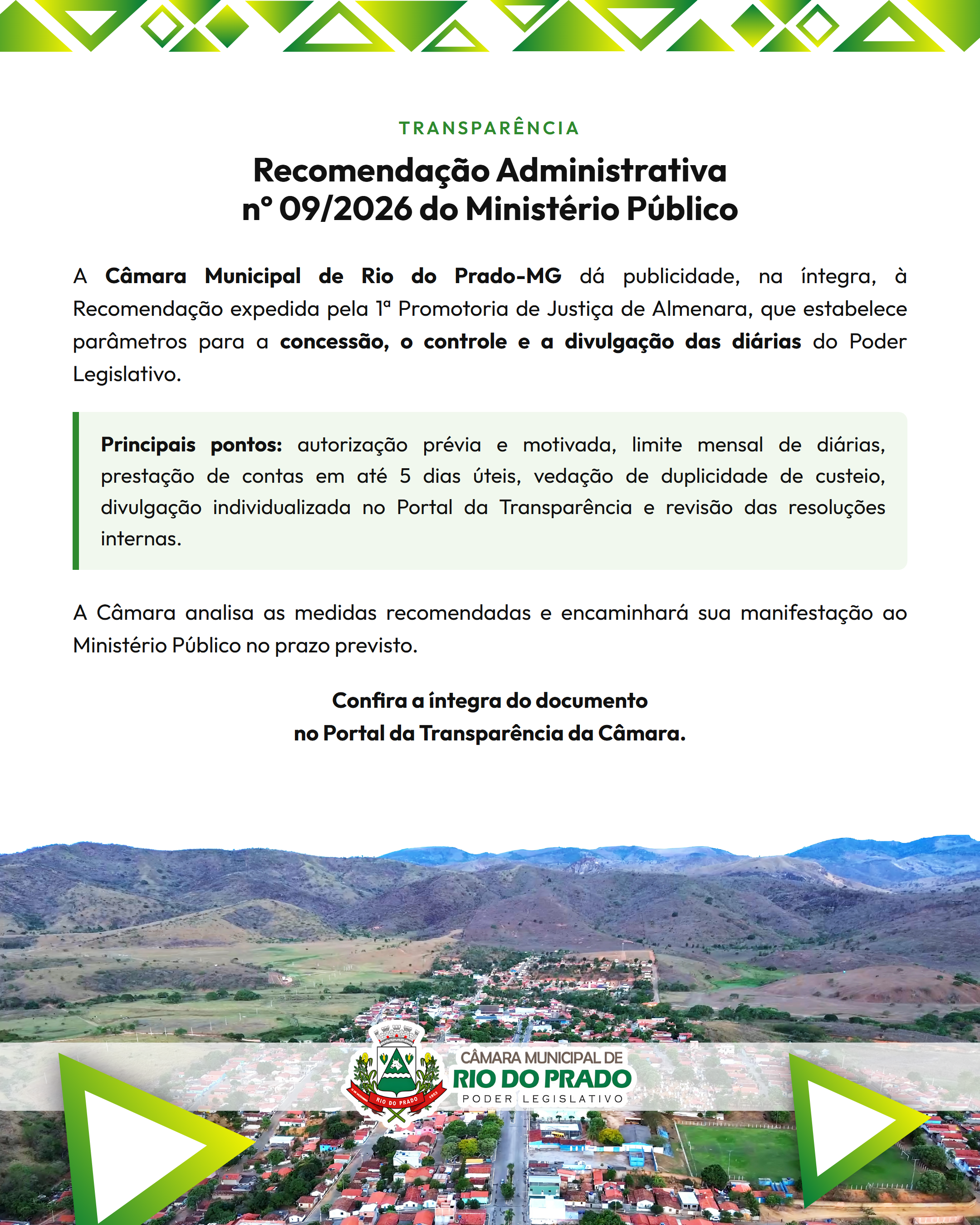 Imagem da notícia: Câmara de Rio do Prado dá publicidade à Recomendação Administrativa nº 09/2026 do Ministério Público sobre a concessão de diárias