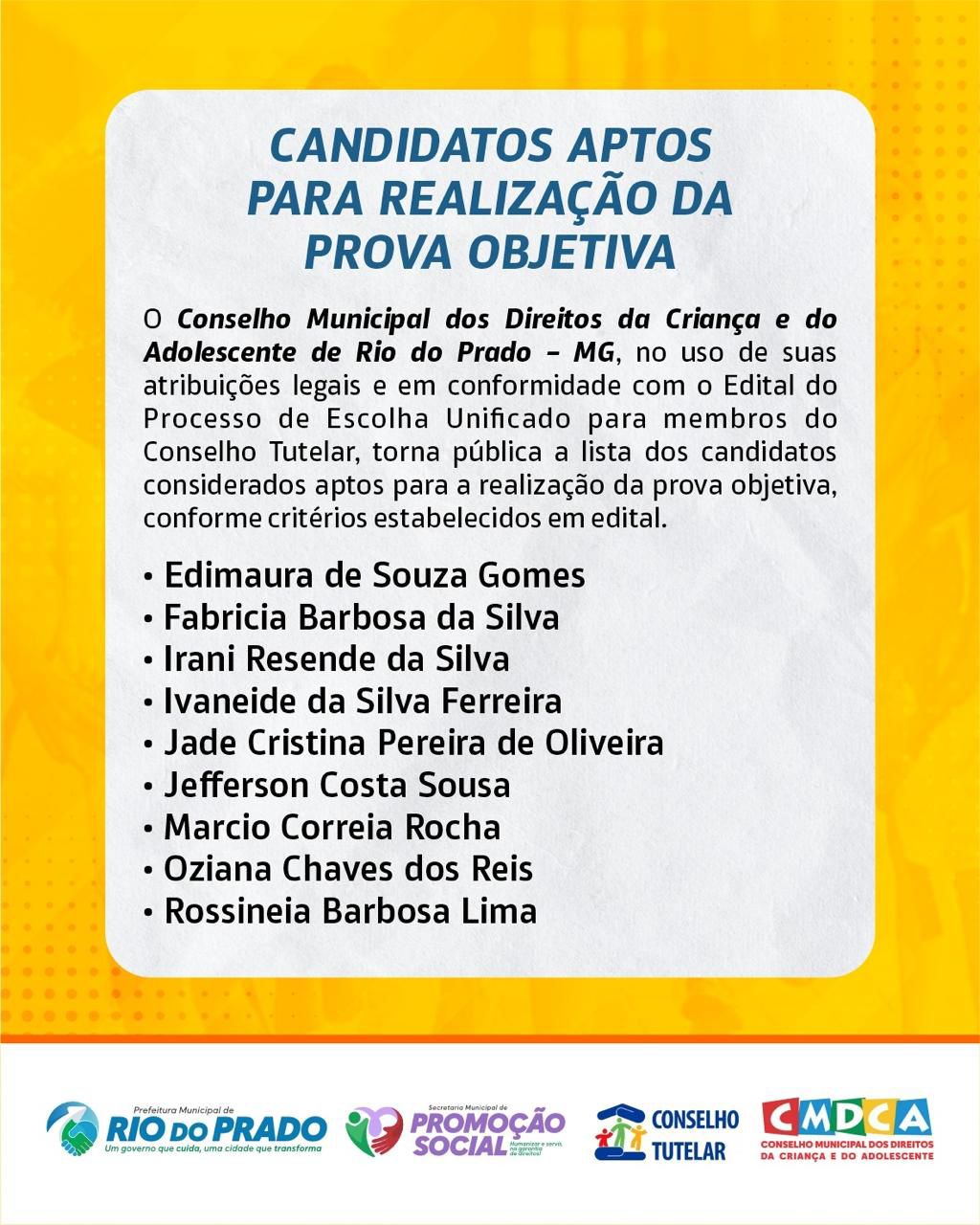 Lista de candidatos aptos para prova objetiva do Conselho Tutelar