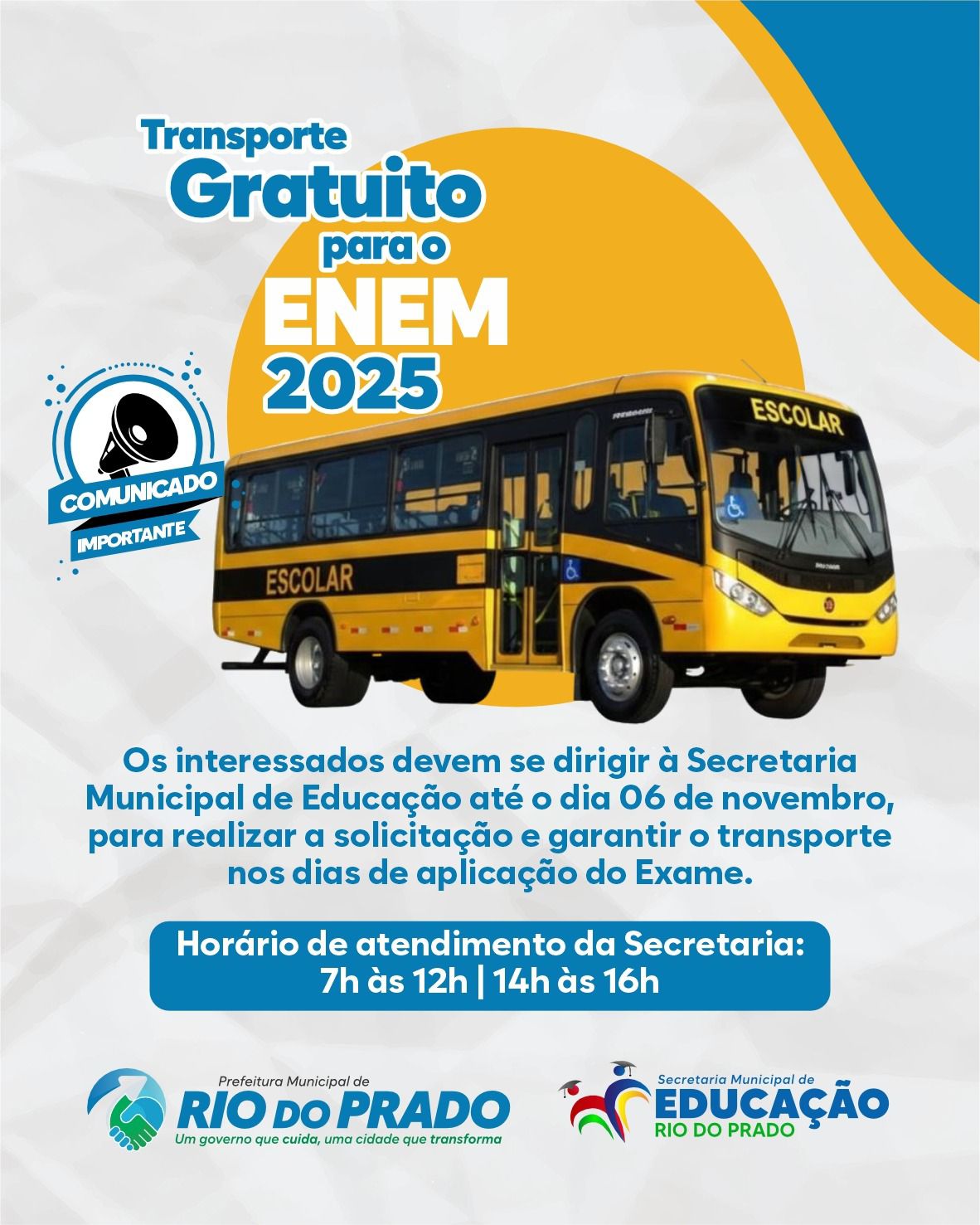 Rio do Prado garante transporte gratuito para candidatos do ENEM 2025